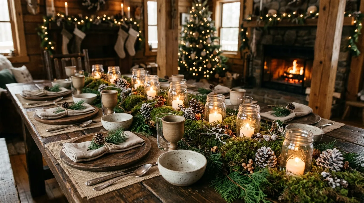 Woodland Christmas table with moss runner, pinecones, and candlelight.